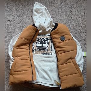 Timberland Brown Puffer Vest with Hooded Long Sleeve Graphic Tee, Size 4T
